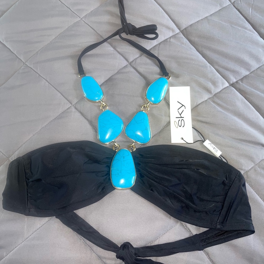 Black Bandeau Top with Turquoise Stone Necklace